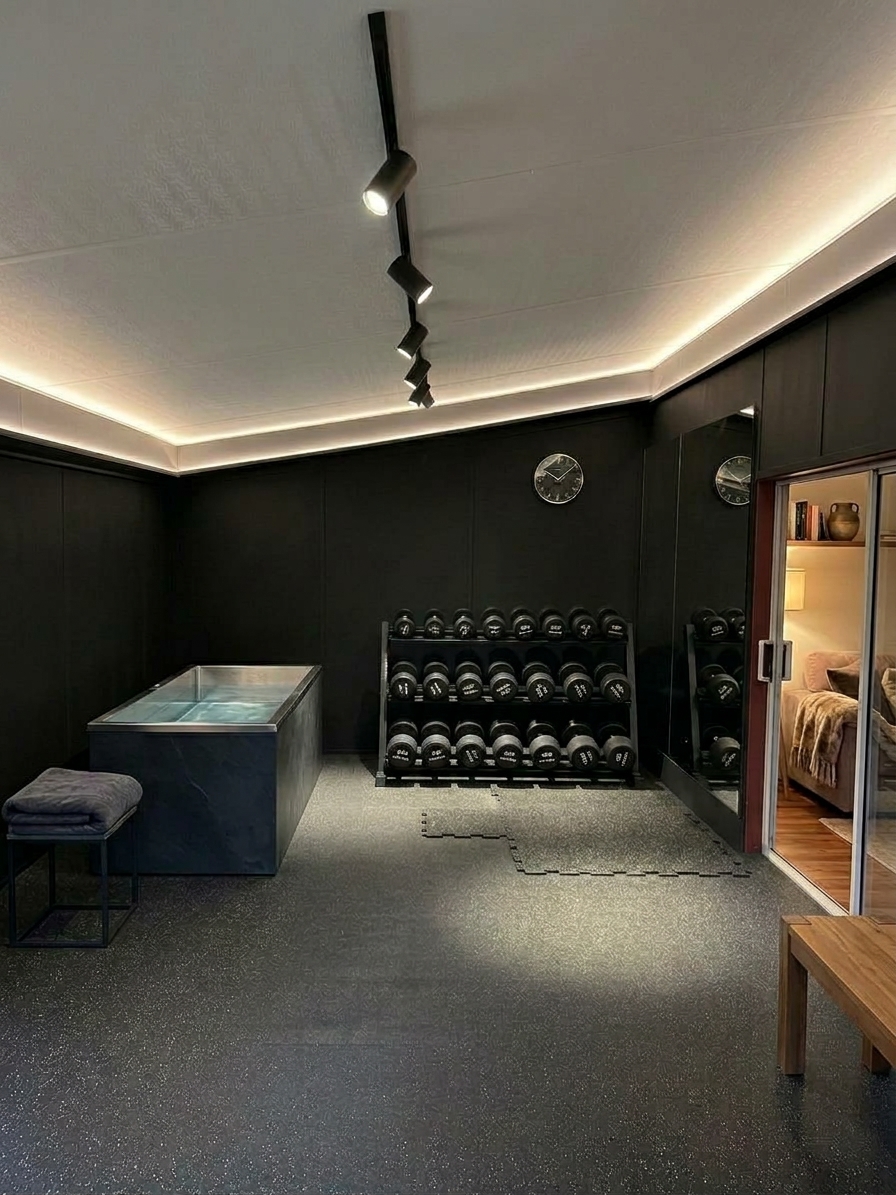 Gym interior with a cold plunge and an open connection to the home
