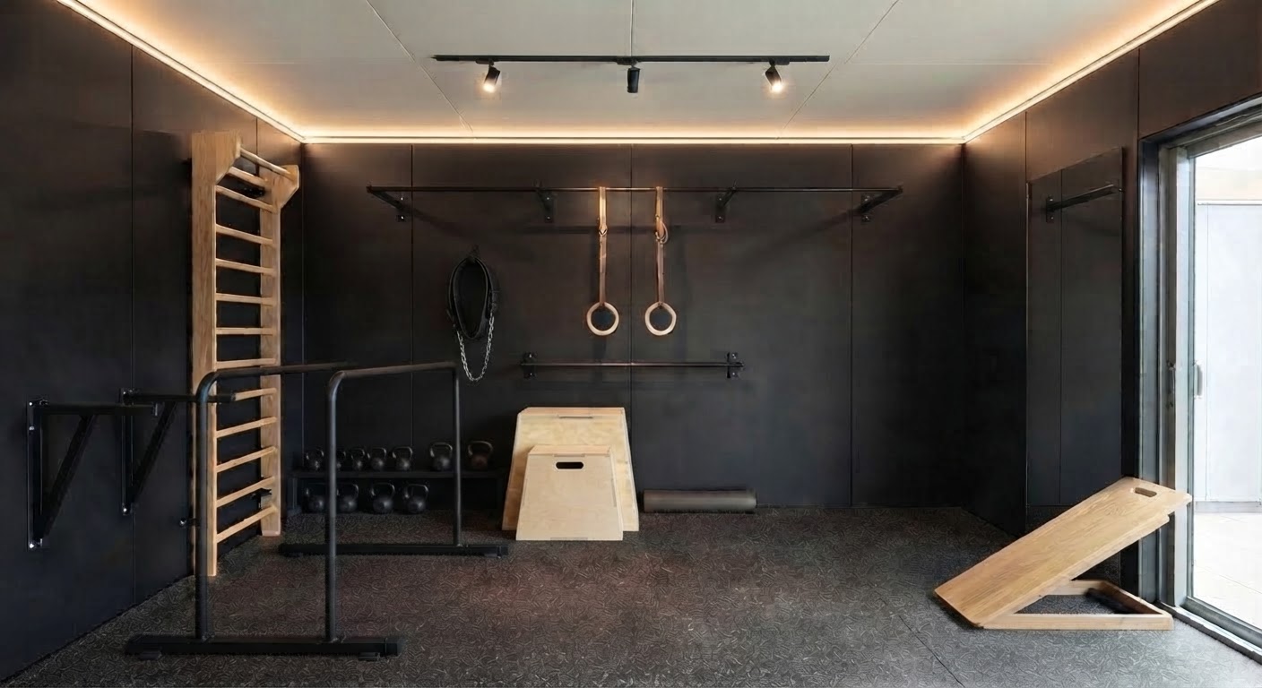 Functional training room with wooden wall bars, rings and kettlebells