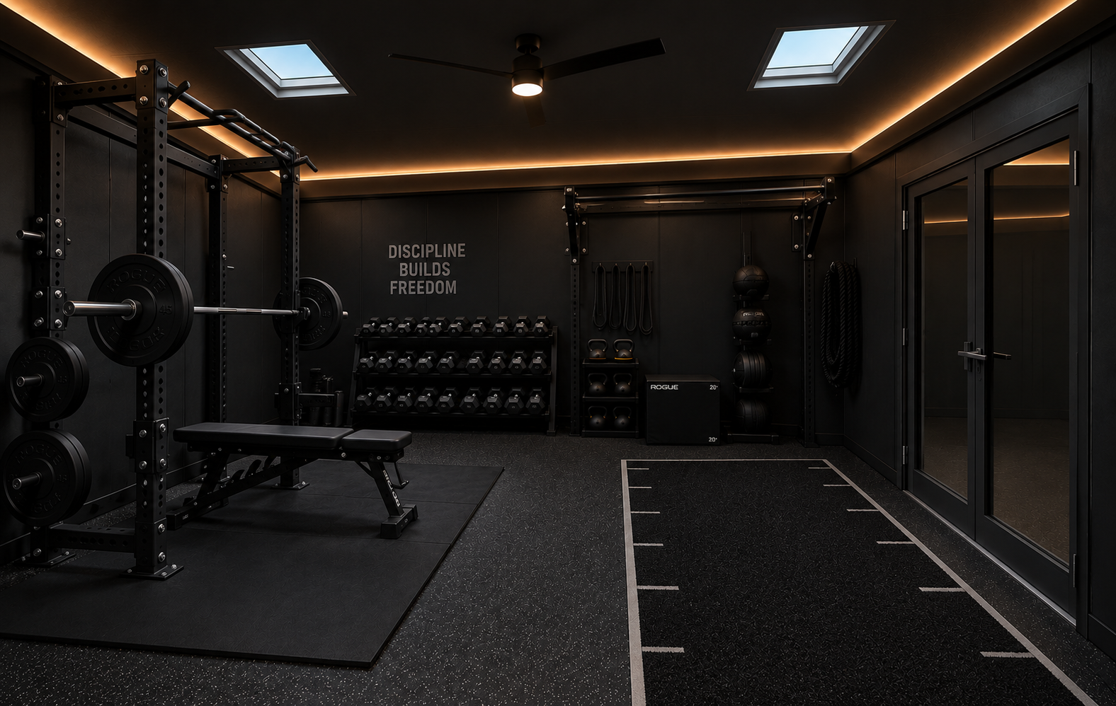 Strength room with rack, dumbbells, skylights and LED lighting