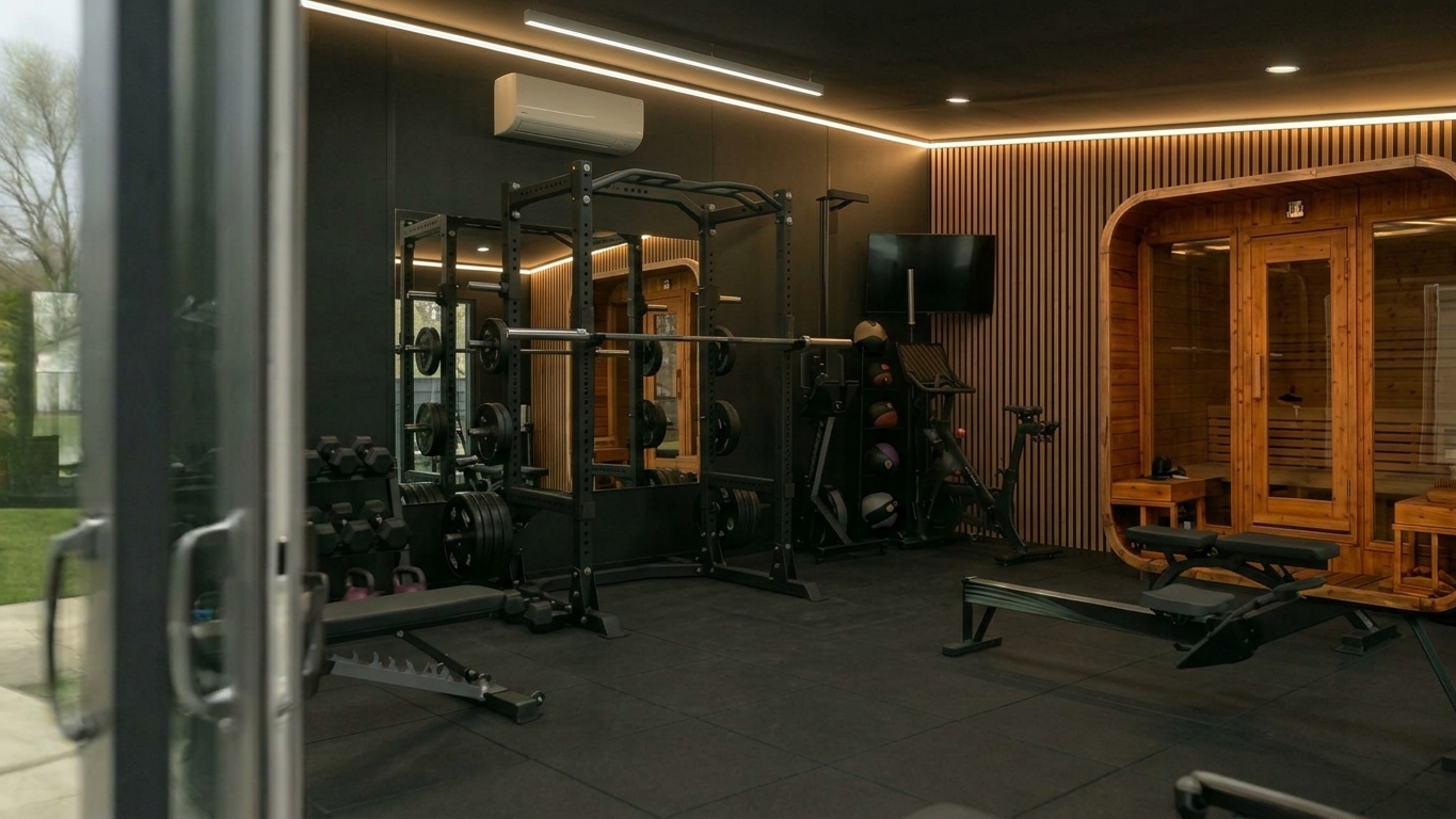 Finished home gym interior with power rack, bench, dumbbell rack and a timber sauna behind vertical slat wall paneling