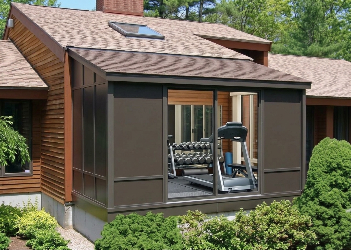 Backyard view into the finished private gym through the open glass doors, with a treadmill and dumbbell rack inside