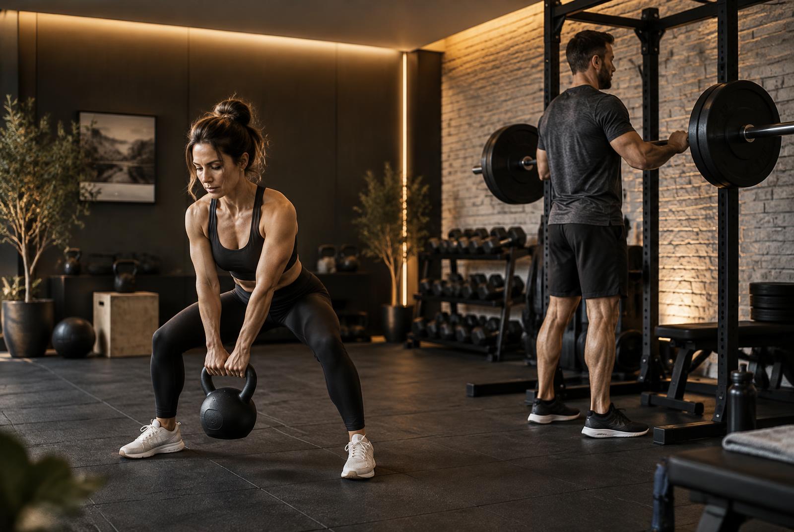 A couple training together in their private home gym